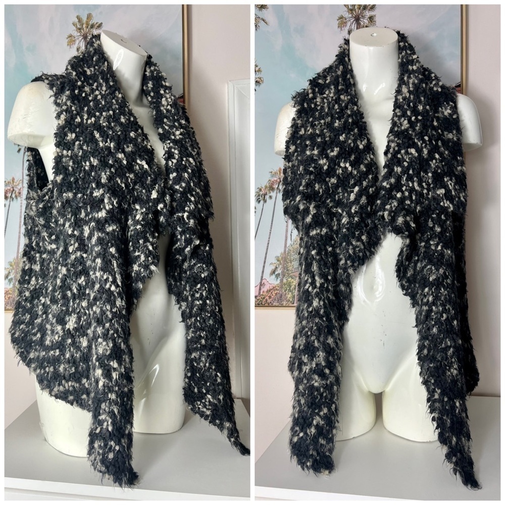 Kensie Black Grey Soft Textured Open Drape Waterfall Knit Cardigan Vest XL